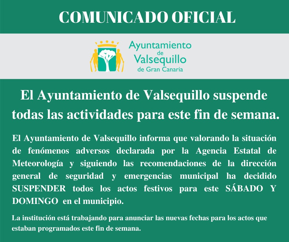 Featured image for “El Ayuntamiento de Valsequillo suspende los actos festivos del sábado y domingo en el municipio”
